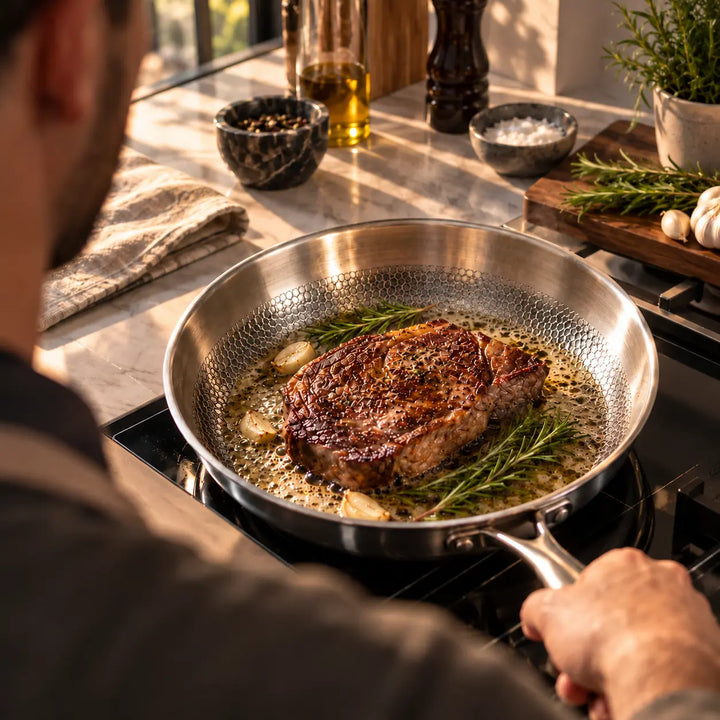 Steak poêlé aux herbes et à l'ail dans la poêle AKARI